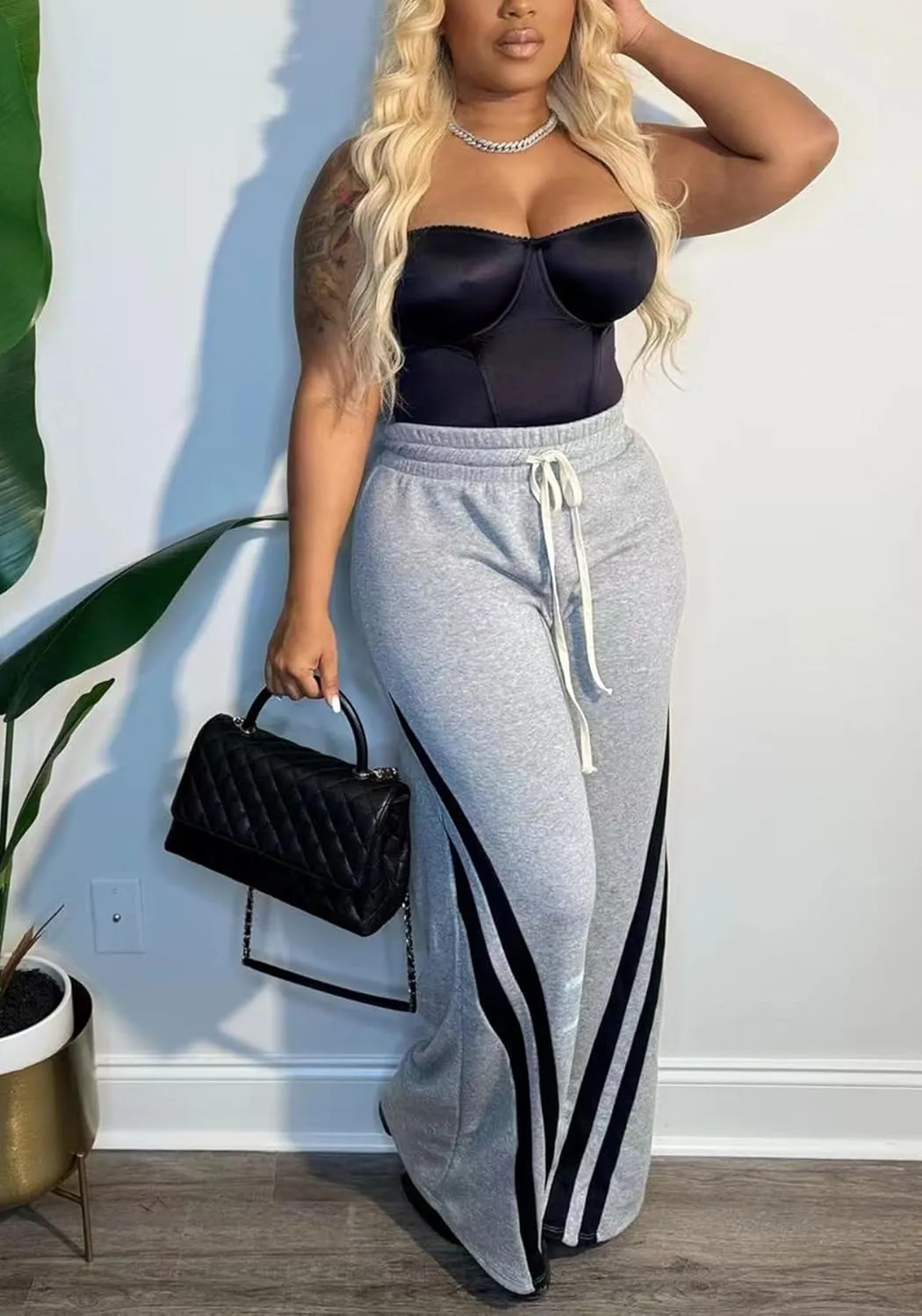 NRTHYE Women's High Waist Wide Leg Sweatpants Straight Leg Pants Casual Striped Pants