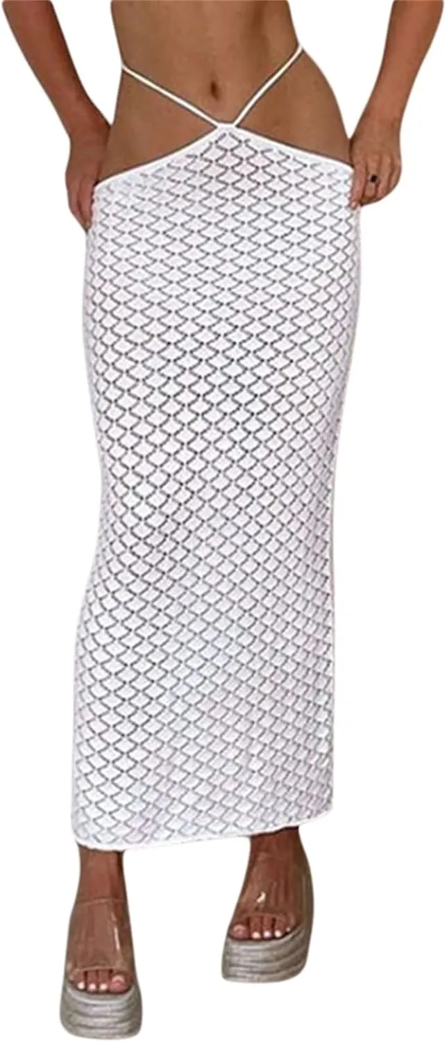 NUFIWI Sexy Crochet Knit Long Skirts Dropped Waist See Through Wrap Midi Skirt Hollow Out Maxi Skirt Beach Cover Up Dress