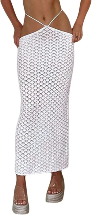 NUFIWI Sexy Crochet Knit Long Skirts Dropped Waist See Through Wrap Midi Skirt Hollow Out Maxi Skirt Beach Cover Up Dress