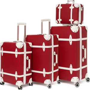 NZBZ Vintage Handmade Luggage Sets for Women 4 Pieces, PU Leather Retro Suitcase Set, Vintage Trunk Luggage (Cherry Red, 14" 20" 24" 28")