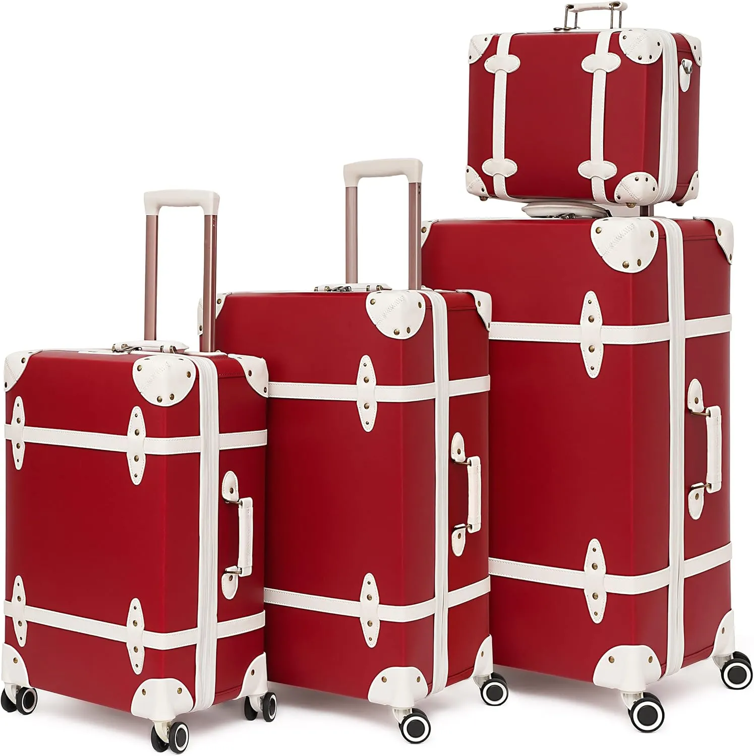 NZBZ Vintage Handmade Luggage Sets for Women 4 Pieces, PU Leather Retro Suitcase Set, Vintage Trunk Luggage (Cherry Red, 14" 20" 24" 28")