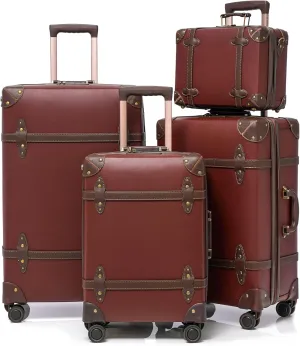 NZBZ Vintage Luggage Sets for Women, PU Leather Retro Suitcase, Vintage Trunk Luggage, Vintage Suitcase Set (Caramel Brown, 4-Piece-Set(14/20/24/28))