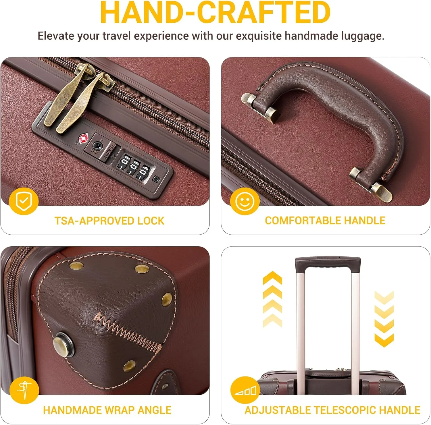NZBZ Vintage Luggage Sets for Women, PU Leather Retro Suitcase, Vintage Trunk Luggage, Vintage Suitcase Set (Caramel Brown, 4-Piece-Set(14/20/24/28))
