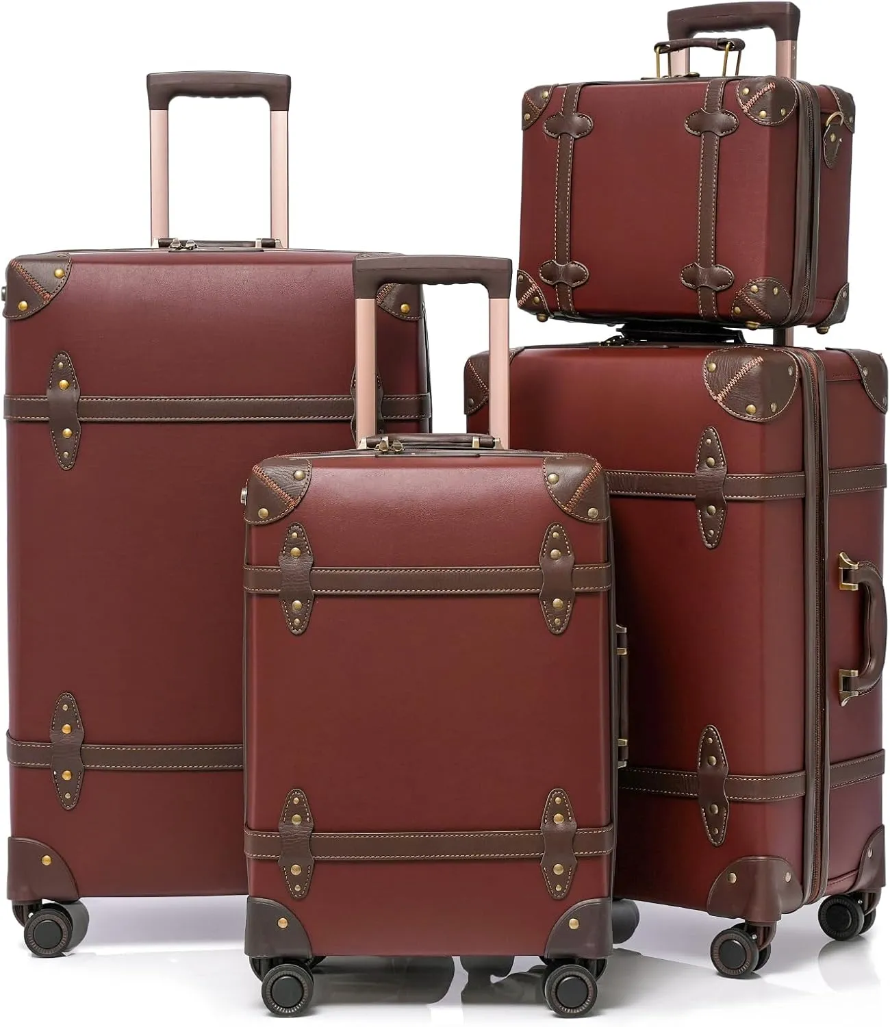 NZBZ Vintage Luggage Sets for Women, PU Leather Retro Suitcase, Vintage Trunk Luggage, Vintage Suitcase Set (Caramel Brown, 4-Piece-Set(14/20/24/28))