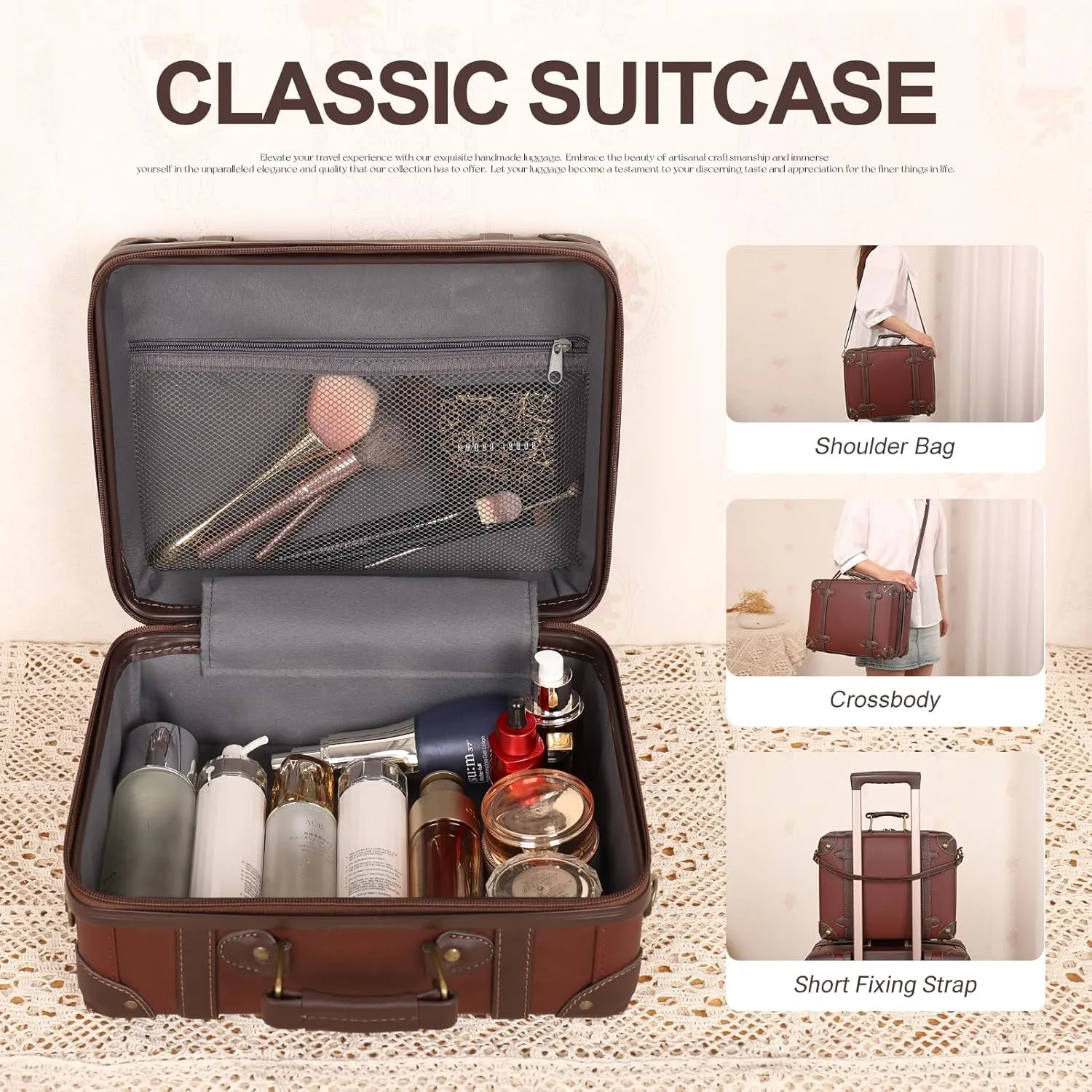NZBZ Vintage Luggage Sets for Women, PU Leather Retro Suitcase, Vintage Trunk Luggage, Vintage Suitcase Set (Caramel Brown, 4-Piece-Set(14/20/24/28))