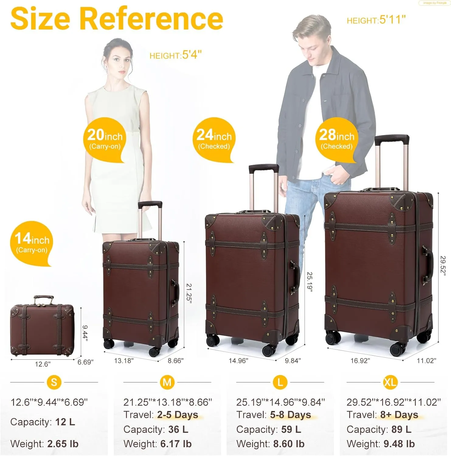 NZBZ Vintage Luggage Sets for Women, PU Leather Retro Suitcase, Vintage Trunk Luggage, Vintage Suitcase Set (Caramel Brown, 4-Piece-Set(14/20/24/28))
