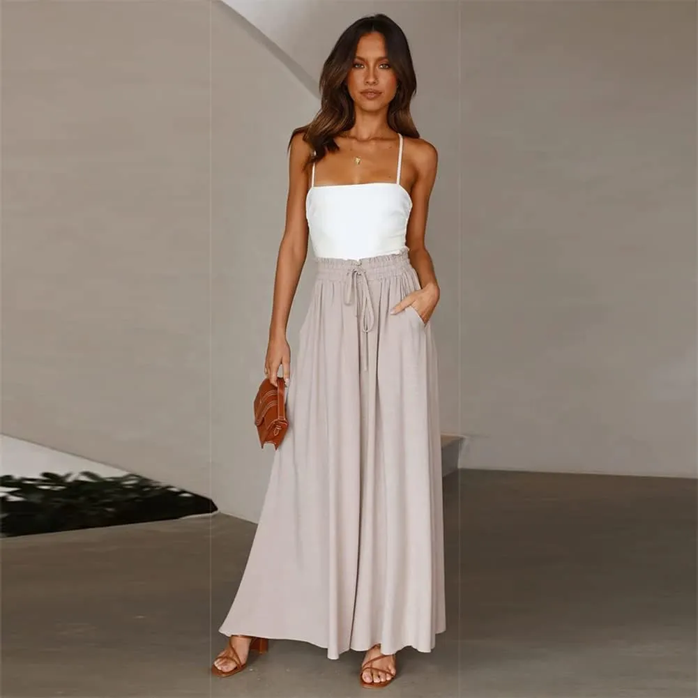 ODIZLI Women Palazzo Wide Leg Pant with Pockets Casual Loose Flowy Pants Solid Color/Floral Print