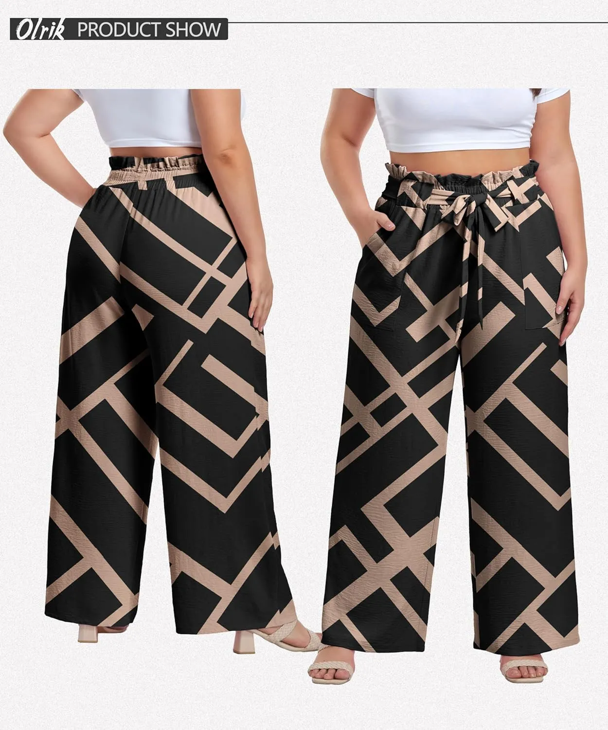 OLRIK Women's Casual Plus Size Pants High Waisted Self-tie Belted Lounge Pants Straight Long Trousers with Pockets