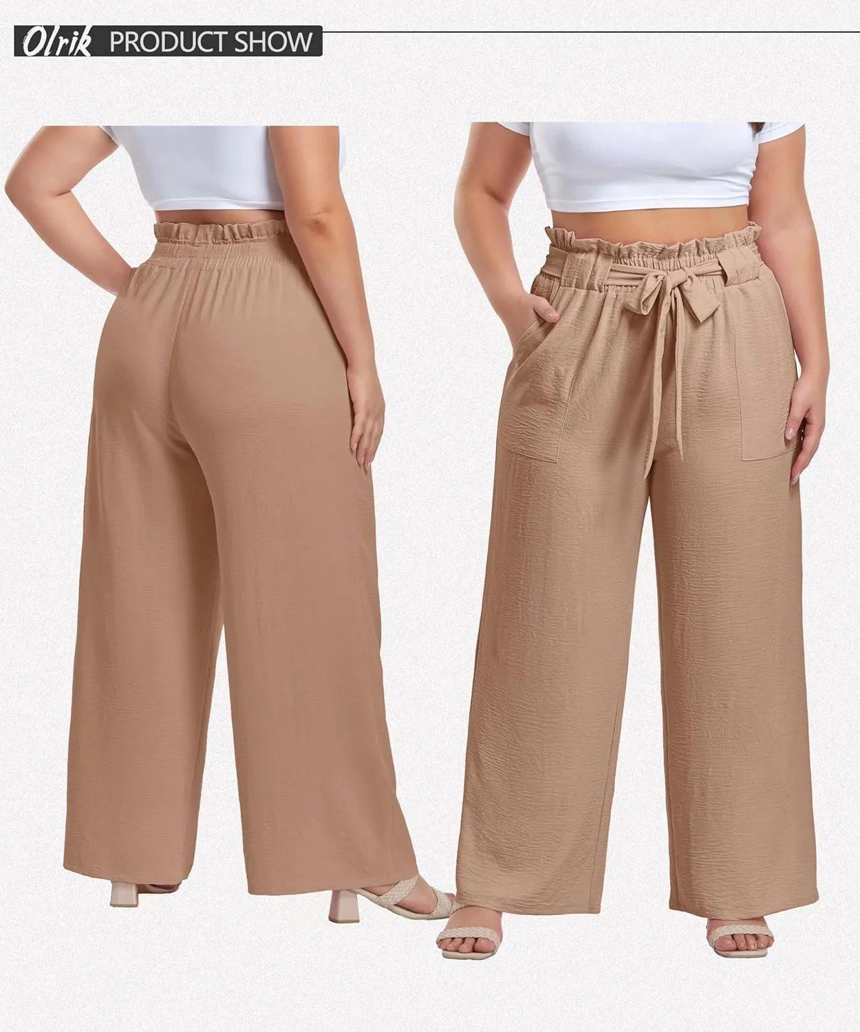 OLRIK Women's Casual Plus Size Pants High Waisted Self-tie Belted Lounge Pants Straight Long Trousers with Pockets