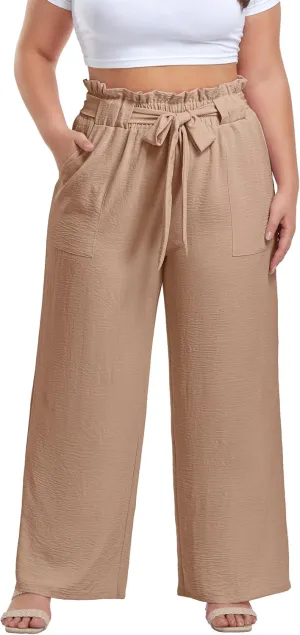 OLRIK Women's Casual Plus Size Pants High Waisted Self-tie Belted Lounge Pants Straight Long Trousers with Pockets
