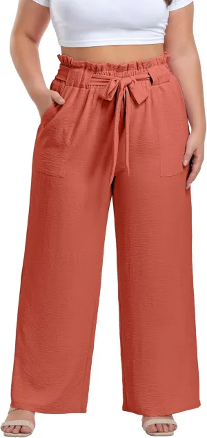 OLRIK Women's Casual Plus Size Pants High Waisted Self-tie Belted Lounge Pants Straight Long Trousers with Pockets