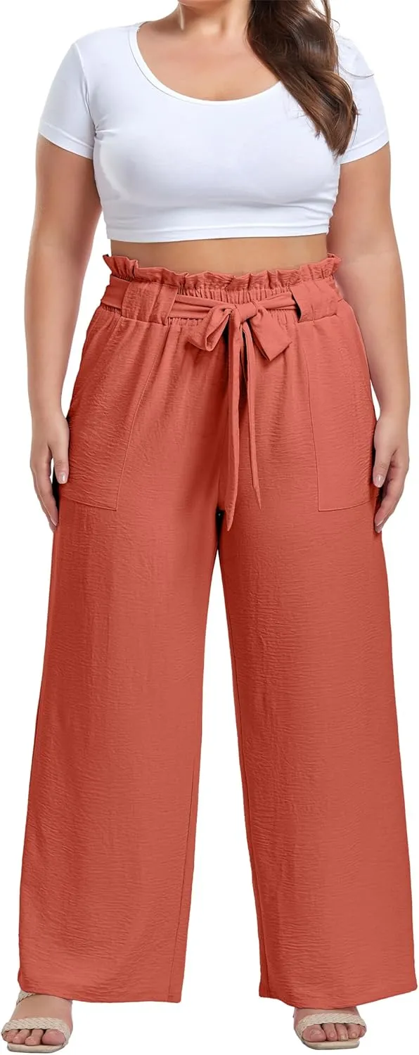OLRIK Women's Casual Plus Size Pants High Waisted Self-tie Belted Lounge Pants Straight Long Trousers with Pockets