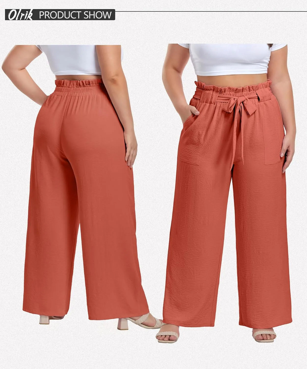 OLRIK Women's Casual Plus Size Pants High Waisted Self-tie Belted Lounge Pants Straight Long Trousers with Pockets