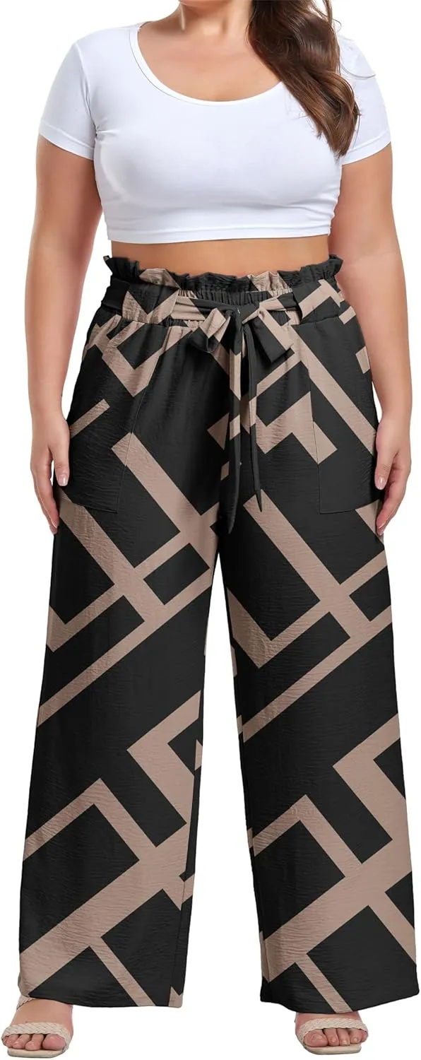 OLRIK Women's Casual Plus Size Pants High Waisted Self-tie Belted Lounge Pants Straight Long Trousers with Pockets