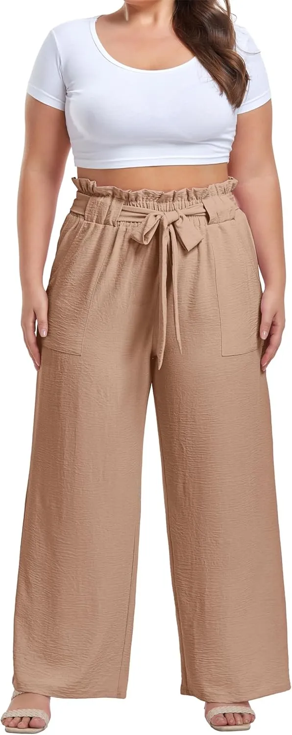 OLRIK Women's Casual Plus Size Pants High Waisted Self-tie Belted Lounge Pants Straight Long Trousers with Pockets