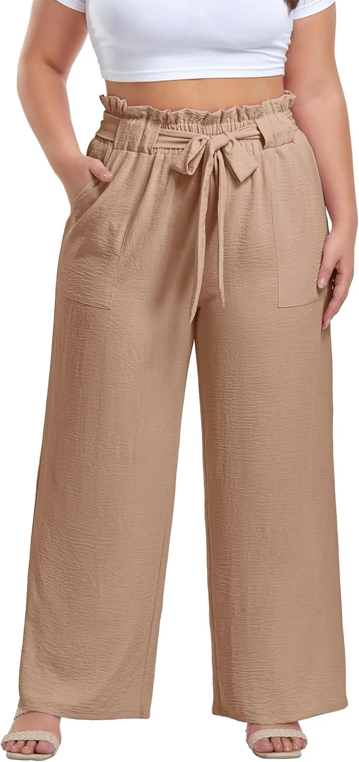 OLRIK Women's Casual Plus Size Pants High Waisted Self-tie Belted Lounge Pants Straight Long Trousers with Pockets