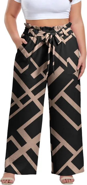 OLRIK Women's Casual Plus Size Pants High Waisted Self-tie Belted Lounge Pants Straight Long Trousers with Pockets
