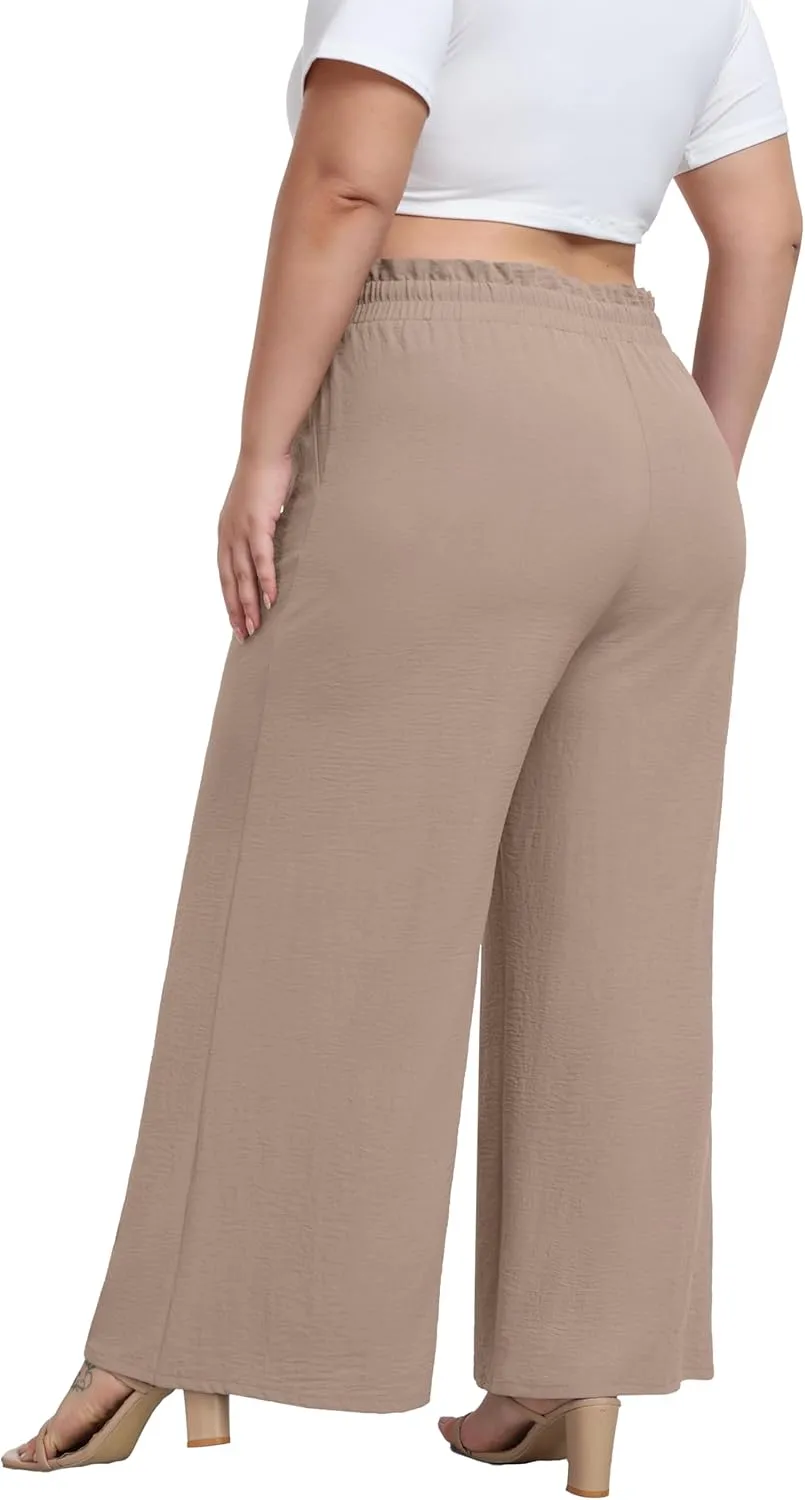 OLRIK Women's Plus Size Pants Self-Tie Belted High Waisted Wide Leg Pants Long Straight Palazzo Trousers with Pockets