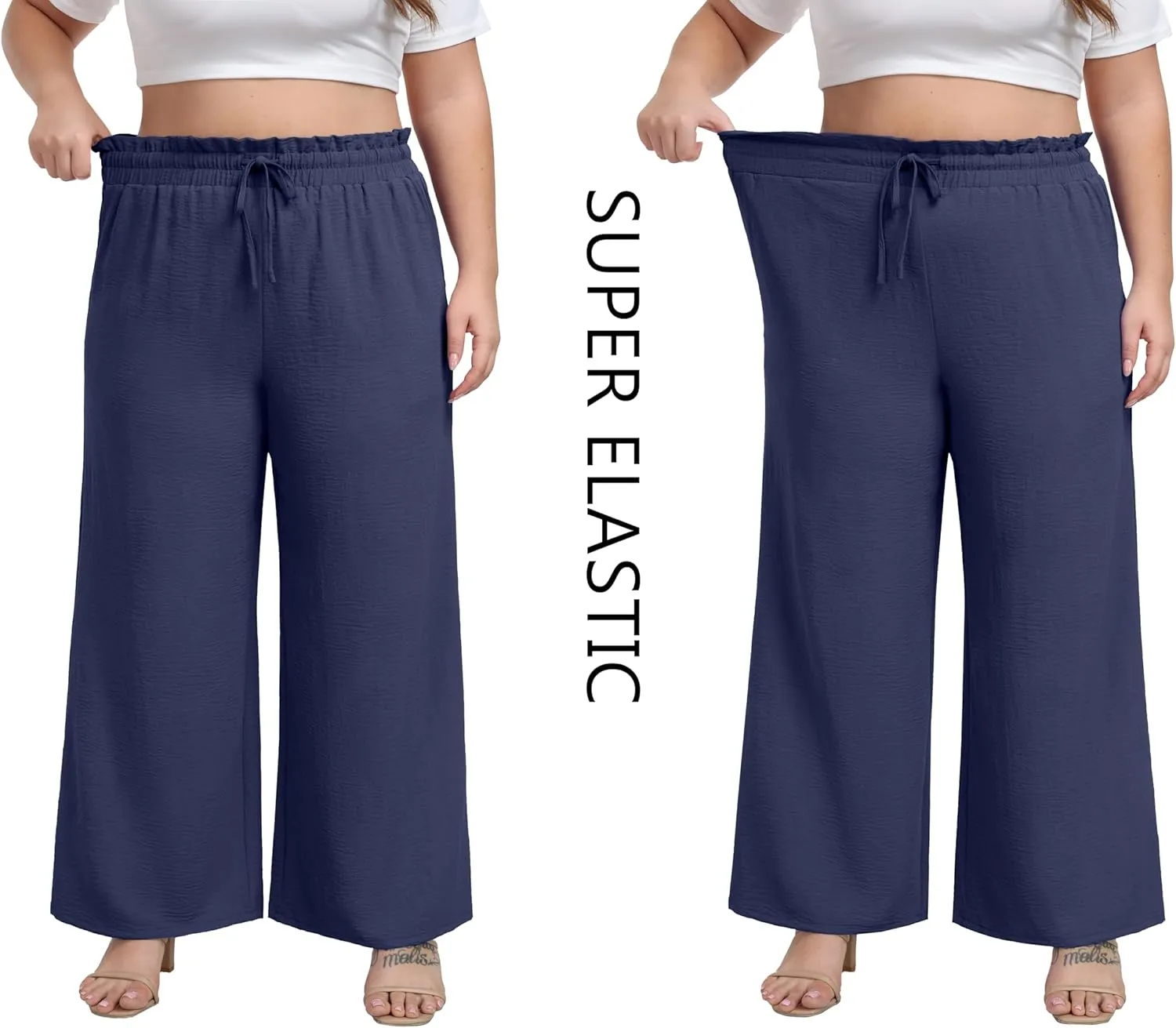 OLRIK Women's Plus Size Pants Self-Tie Belted High Waisted Wide Leg Pants Long Straight Palazzo Trousers with Pockets