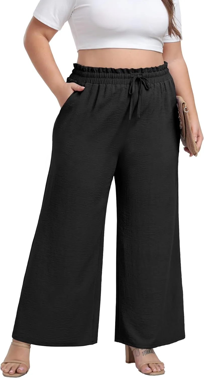 OLRIK Women's Plus Size Pants Self-Tie Belted High Waisted Wide Leg Pants Long Straight Palazzo Trousers with Pockets