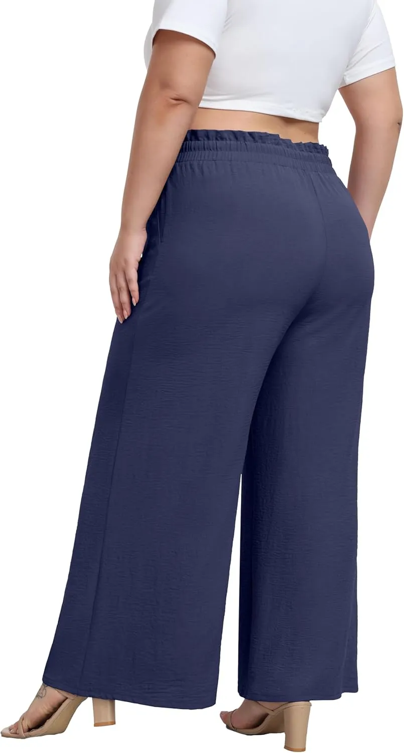 OLRIK Women's Plus Size Pants Self-Tie Belted High Waisted Wide Leg Pants Long Straight Palazzo Trousers with Pockets