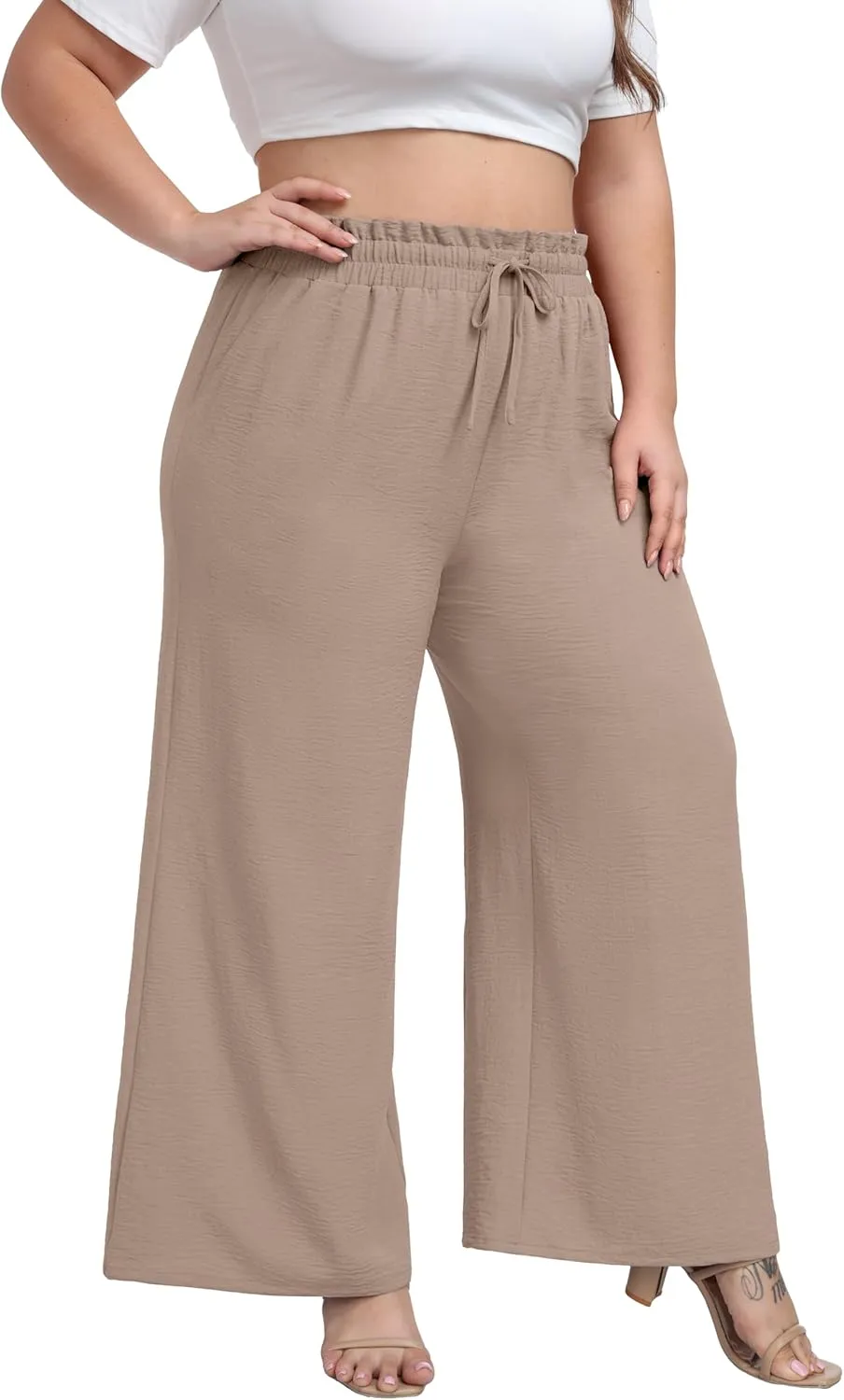OLRIK Women's Plus Size Pants Self-Tie Belted High Waisted Wide Leg Pants Long Straight Palazzo Trousers with Pockets