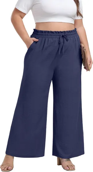 OLRIK Women's Plus Size Pants Self-Tie Belted High Waisted Wide Leg Pants Long Straight Palazzo Trousers with Pockets