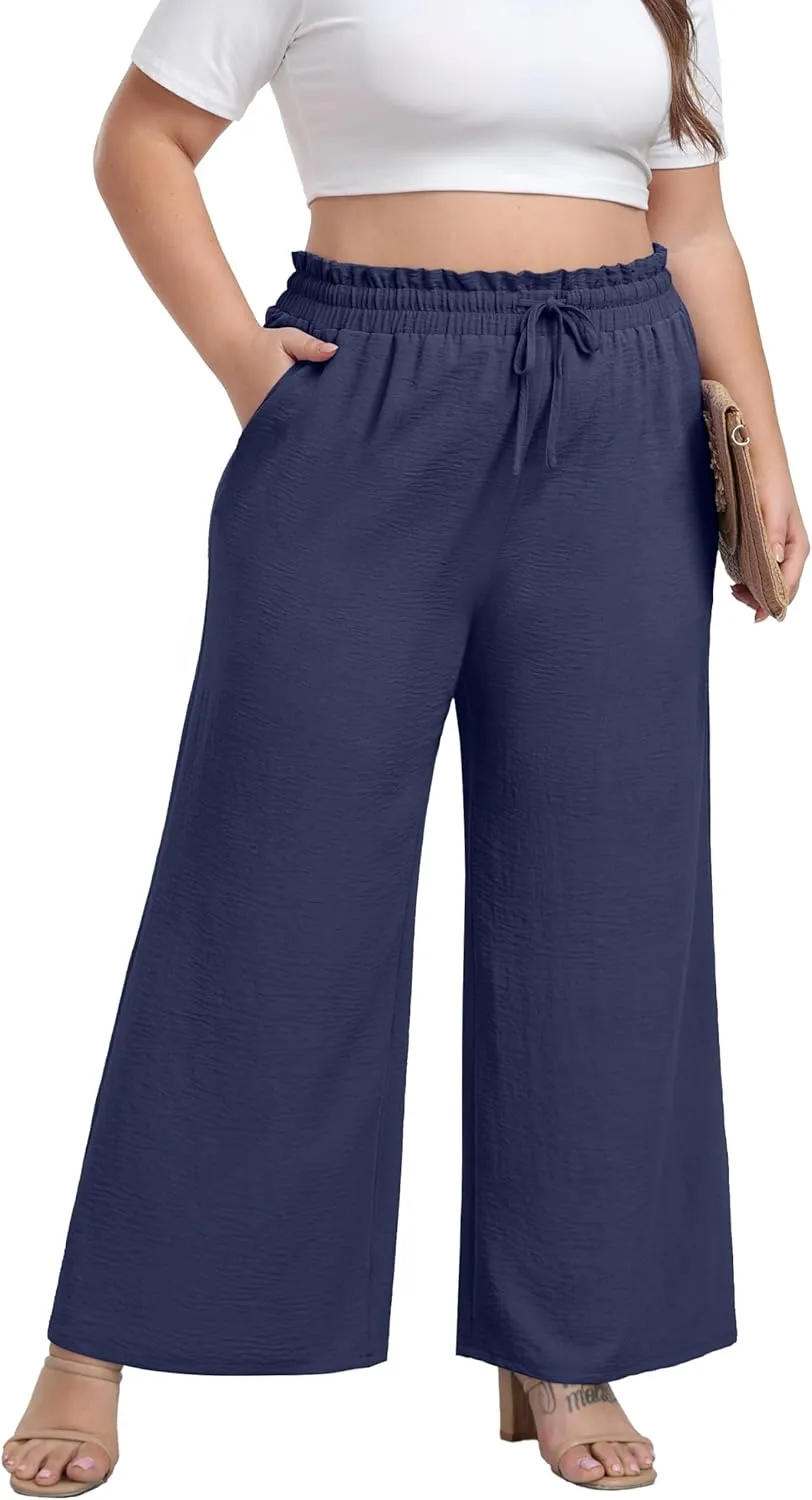 OLRIK Women's Plus Size Pants Self-Tie Belted High Waisted Wide Leg Pants Long Straight Palazzo Trousers with Pockets