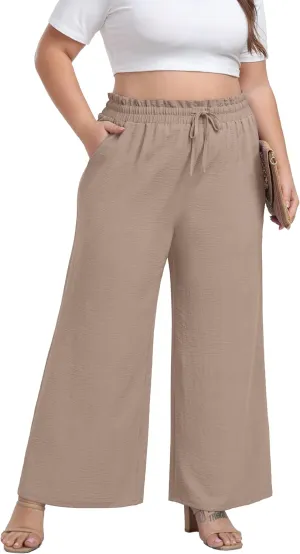 OLRIK Women's Plus Size Pants Self-Tie Belted High Waisted Wide Leg Pants Long Straight Palazzo Trousers with Pockets