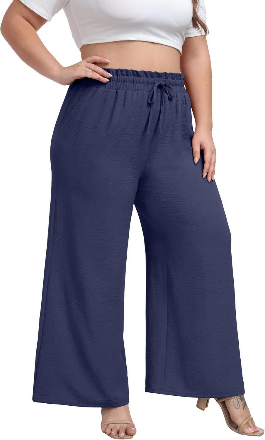 OLRIK Women's Plus Size Pants Self-Tie Belted High Waisted Wide Leg Pants Long Straight Palazzo Trousers with Pockets