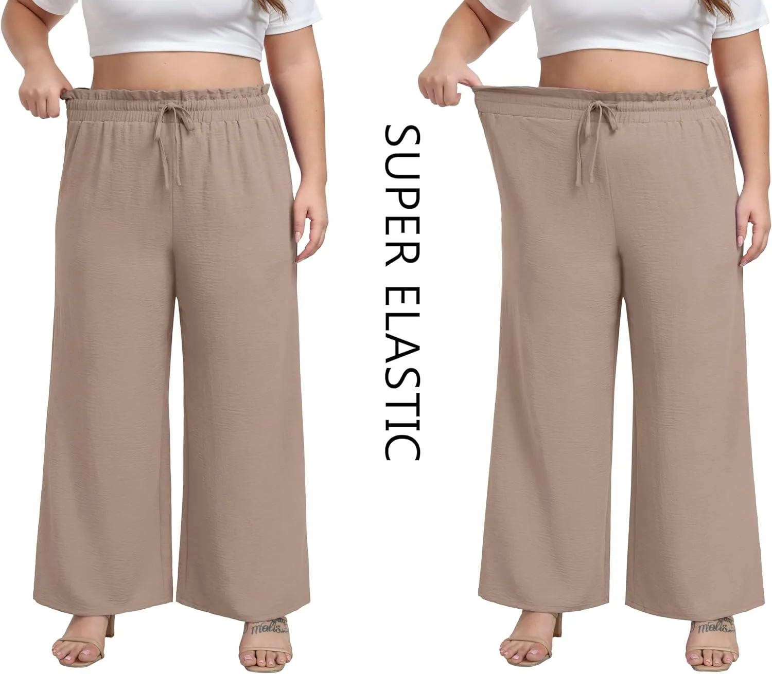 OLRIK Women's Plus Size Pants Self-Tie Belted High Waisted Wide Leg Pants Long Straight Palazzo Trousers with Pockets