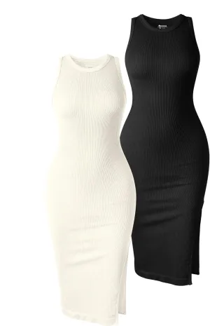 OQQ Women's 2 Piece Dress Sexy Ribbed Halter Neck Fashion Split Tank Tops Dresses