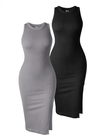 OQQ Women's 2 Piece Dress Sexy Ribbed Halter Neck Fashion Split Tank Tops Dresses