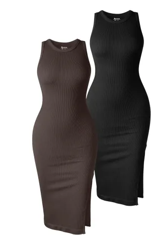 OQQ Women's 2 Piece Dress Sexy Ribbed Halter Neck Fashion Split Tank Tops Dresses