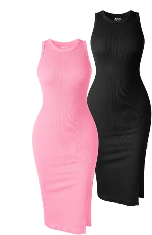 OQQ Women's 2 Piece Dress Sexy Ribbed Halter Neck Fashion Split Tank Tops Dresses