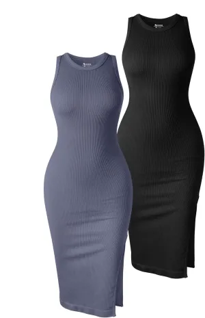 OQQ Women's 2 Piece Dress Sexy Ribbed Halter Neck Fashion Split Tank Tops Dresses