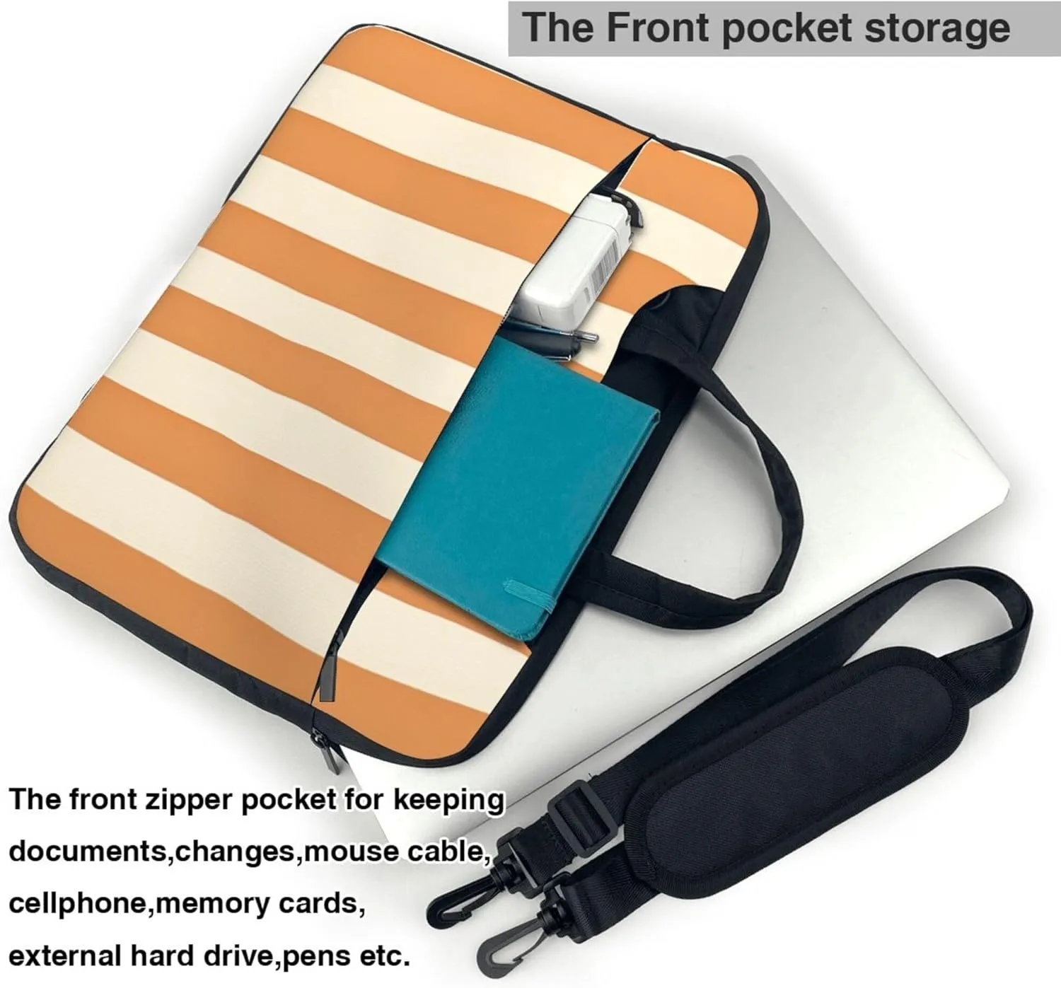 Orange Striped Laptop Shoulder Bag for Women, Striped Painted Laptop Sleeve Case Durable Computer Bag