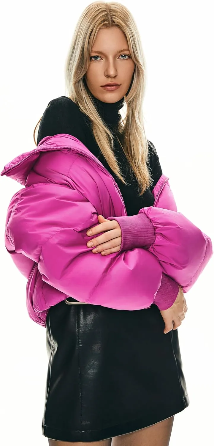 Orolay Women's Winter Oversized Cropped Puffer Jacket Zip Up Short Down Coat Stand Collar Baggy Overcoat
