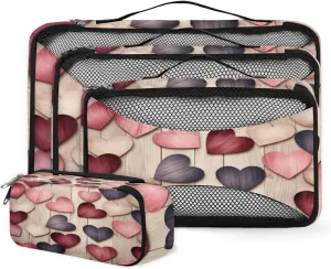 Packing Cubes for Travel, Retro Heart Wooden Texture 4 Set Packing Organizers Luggage Packing Cubes for Carry on Suitcase, Travel Essentials Accessories