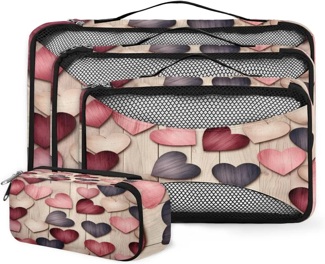 Packing Cubes for Travel, Retro Heart Wooden Texture 4 Set Packing Organizers Luggage Packing Cubes for Carry on Suitcase, Travel Essentials Accessories