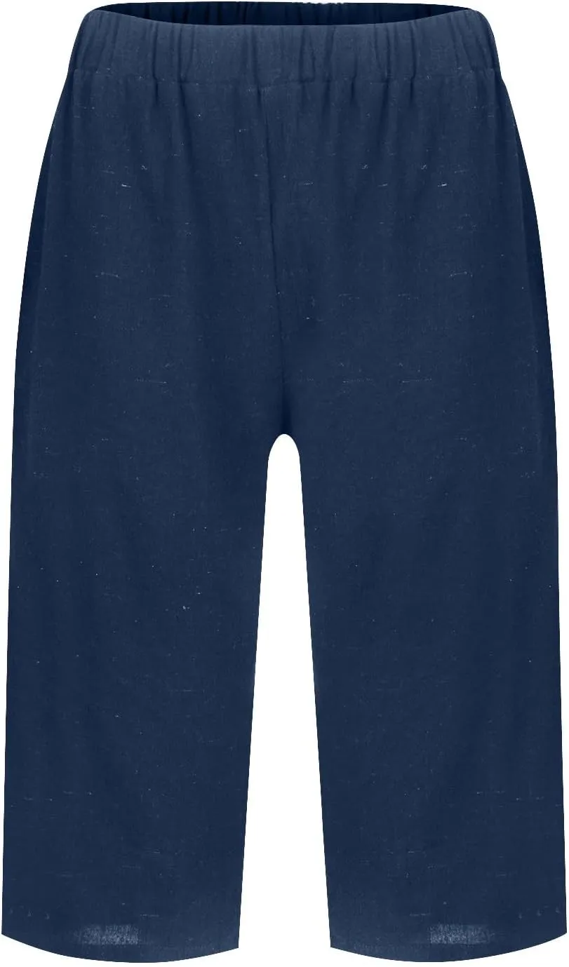 Pedal Pushers for Women Elastic Wasit Linen Shorts Summer Boho Lightweight Baggy Cropped Capris Pants with Pockets