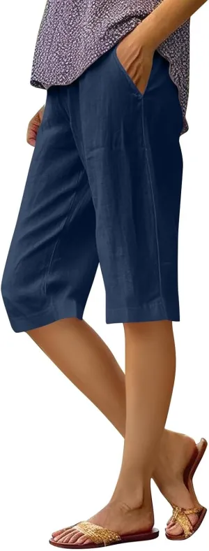 Pedal Pushers for Women Elastic Wasit Linen Shorts Summer Boho Lightweight Baggy Cropped Capris Pants with Pockets