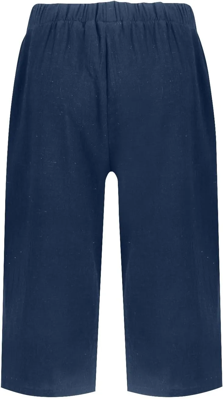 Pedal Pushers for Women Elastic Wasit Linen Shorts Summer Boho Lightweight Baggy Cropped Capris Pants with Pockets