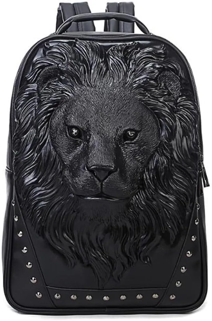 Personalized 3D Lion PU Leather Casual Laptop Backpack for Men Durable Travel Daypack (Black color)