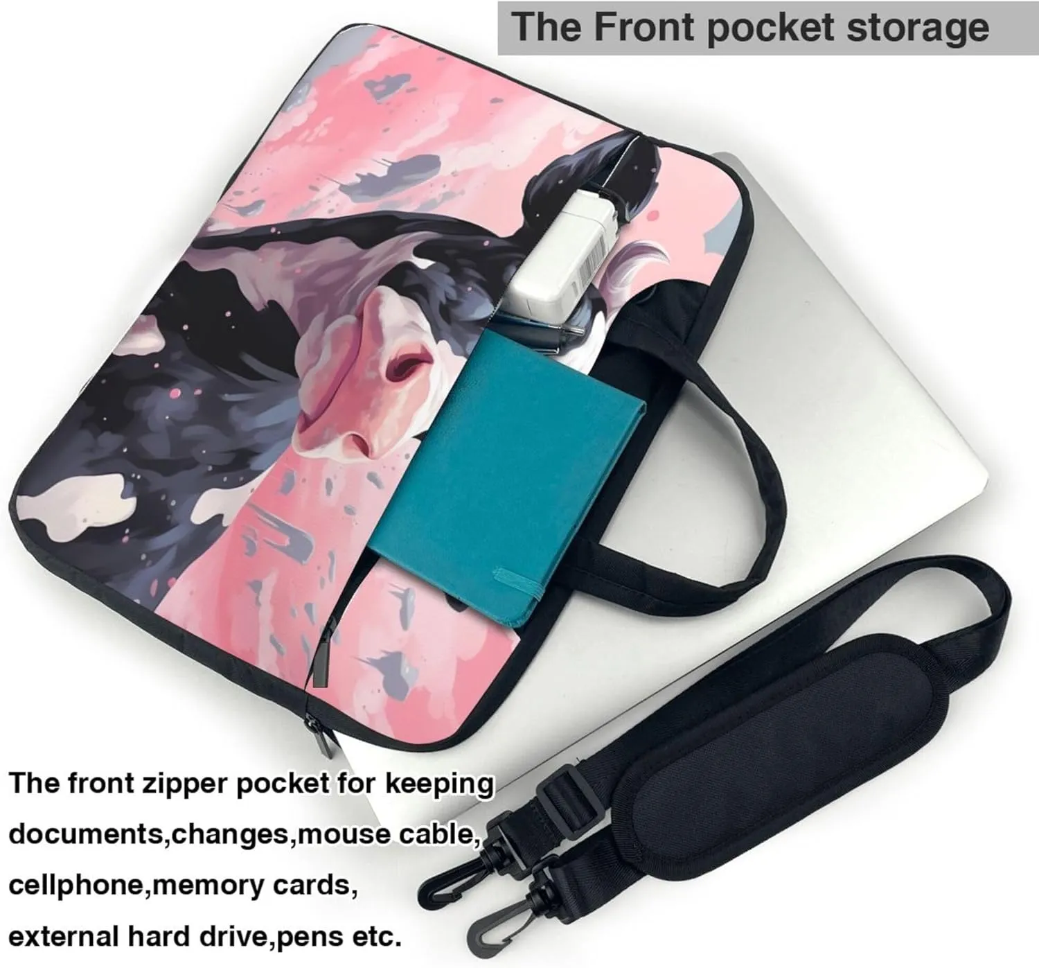 Pink Cow Laptop Shoulder Bag for Women, Watercolor Cow Laptop Sleeve Case Durable Computer Bag