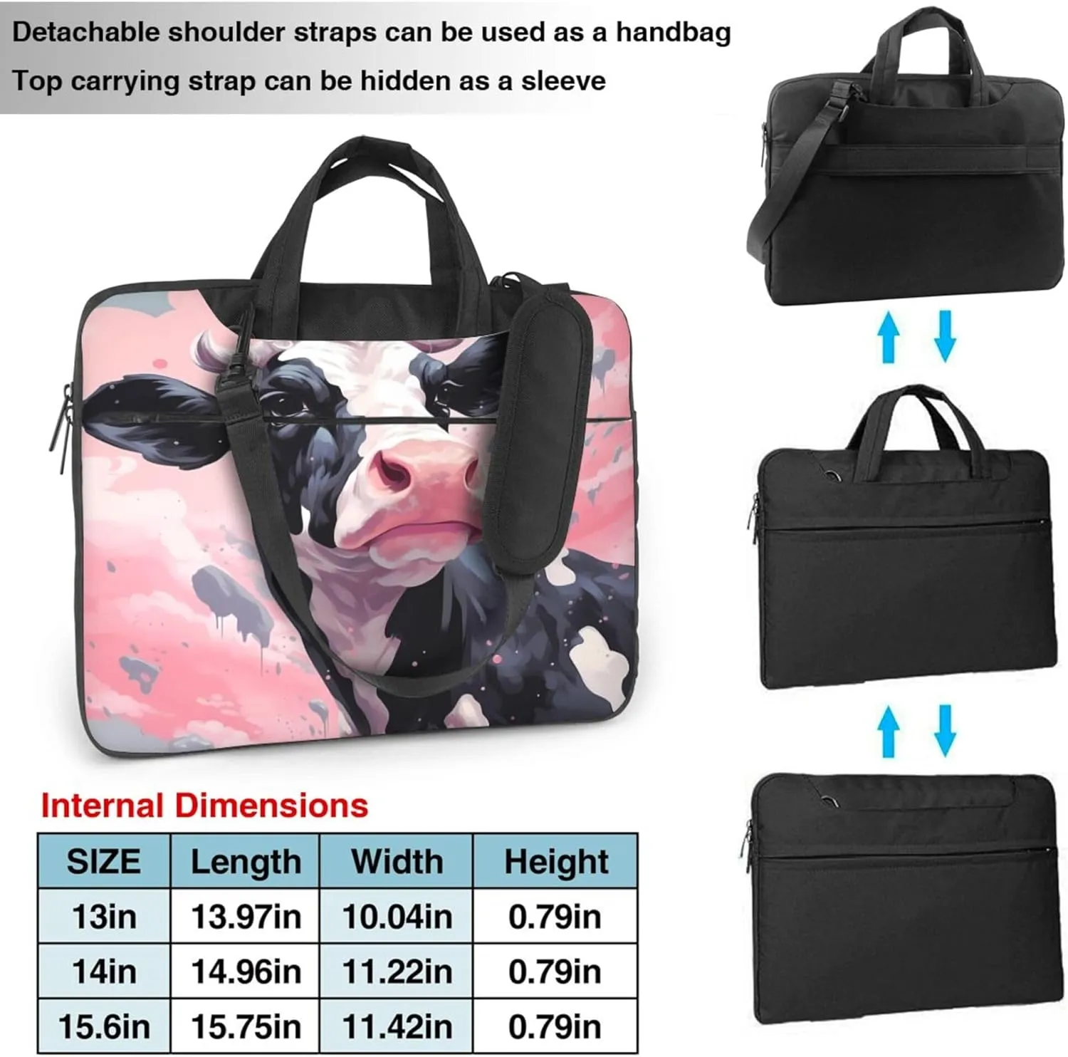 Pink Cow Laptop Shoulder Bag for Women, Watercolor Cow Laptop Sleeve Case Durable Computer Bag