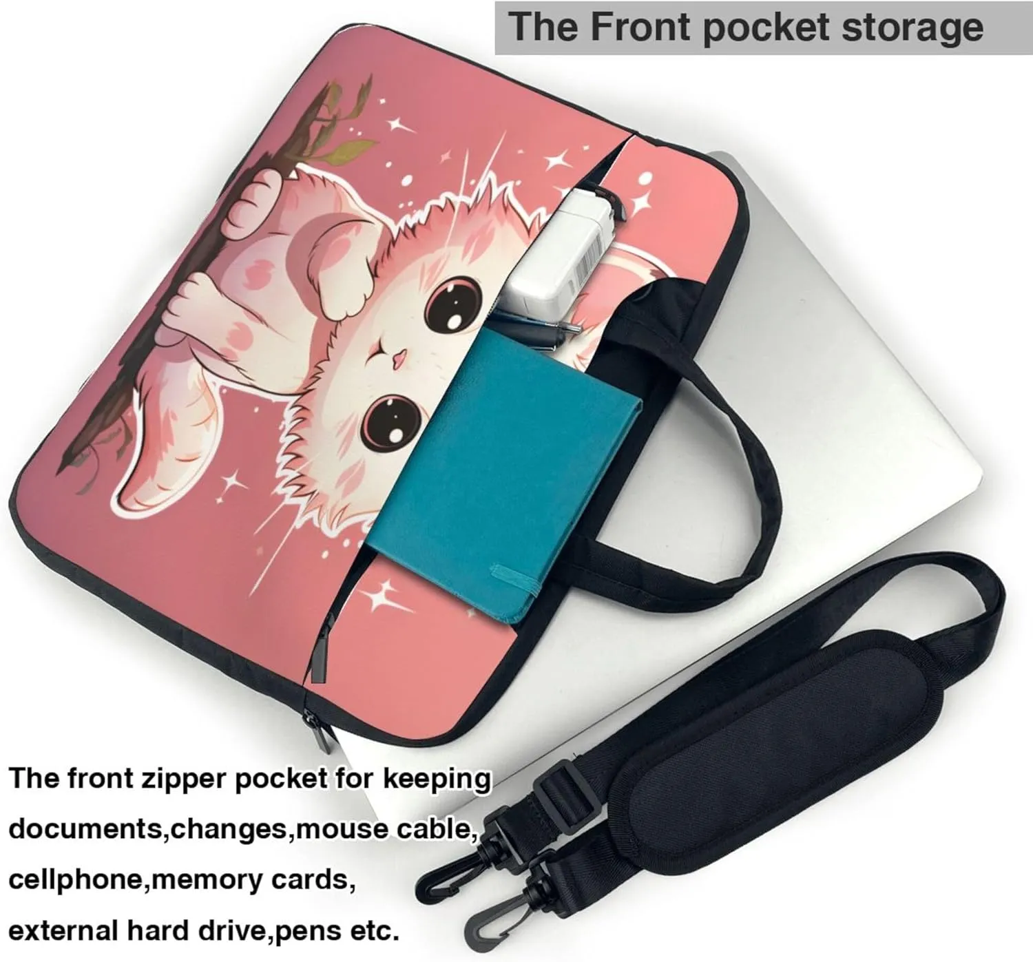 Pink Cute Cat Laptop Shoulder Bag for Women, Cartoon Animal Laptop Sleeve Case Durable Computer Bag