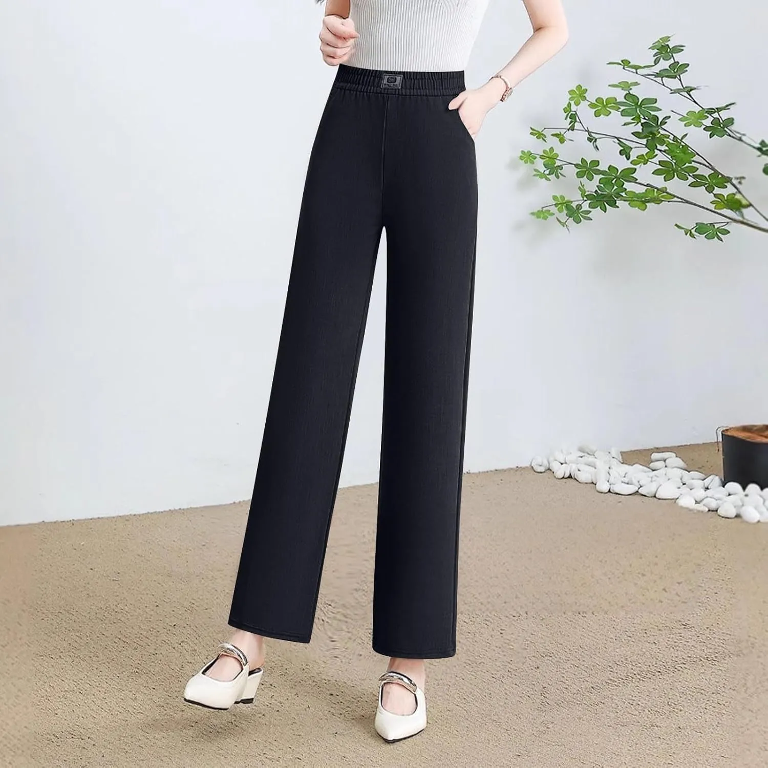 Plus Size Womens Casual Wide Leg Pants Summer Elastic Waist Loose Pant Lounge Palazzo Trousers with Pockets