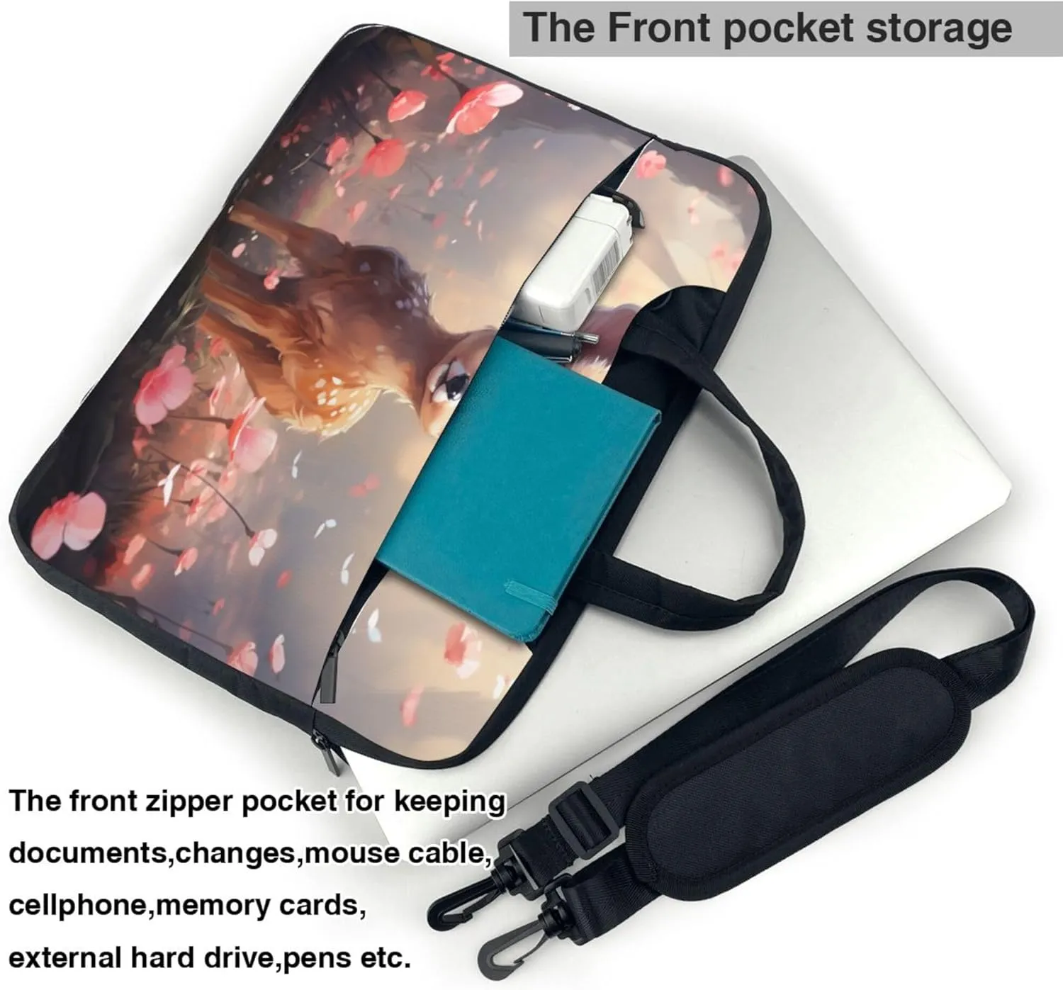 Poppy Deer Laptop Shoulder Bag for Women, Forest Animal Flowers Laptop Sleeve Case Durable Computer Bag