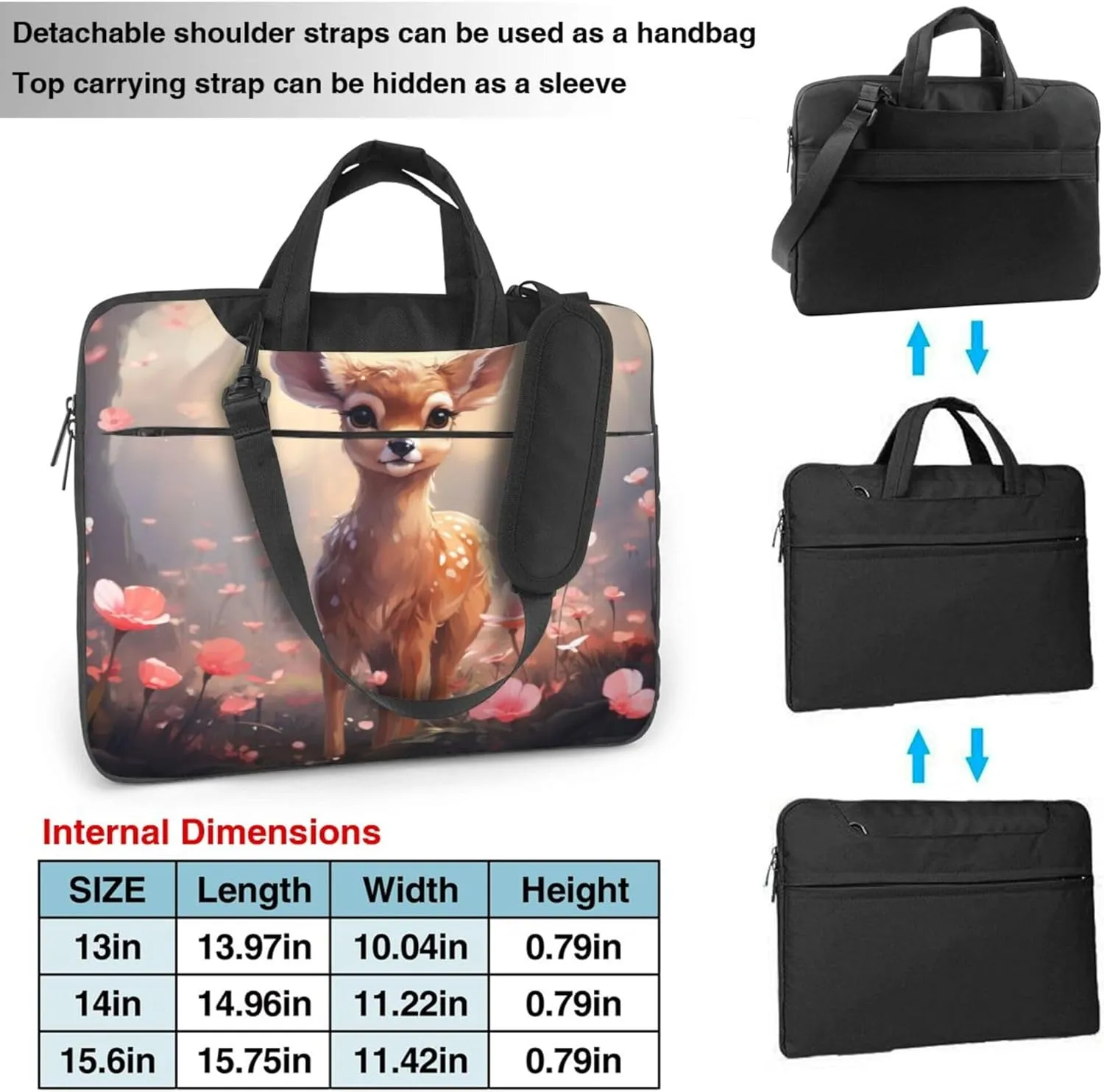 Poppy Deer Laptop Shoulder Bag for Women, Forest Animal Flowers Laptop Sleeve Case Durable Computer Bag